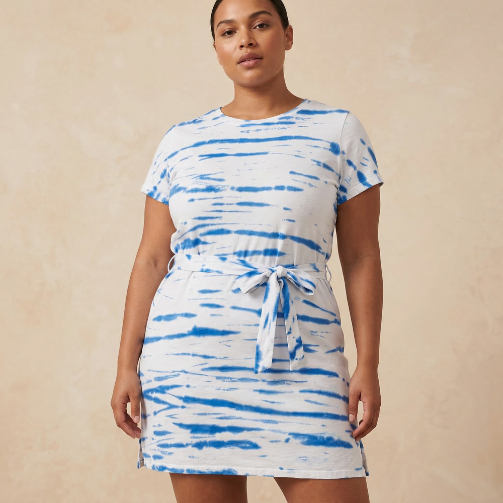 Pact Women's T-Shirt Mini Dress Tie Waist Blue White Striped Organic Cotton XL